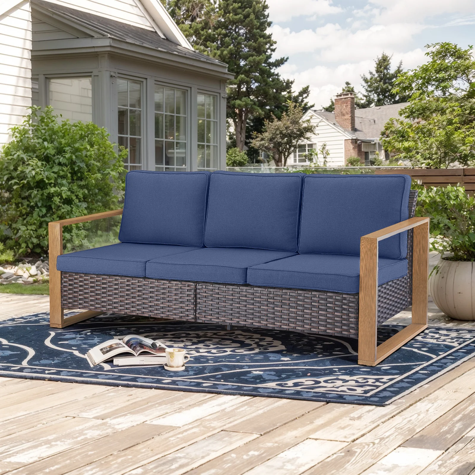 Sofa de Patio en Osier à Siège Profond Belord HOP Series - Osier Brun / Coussin Bleu