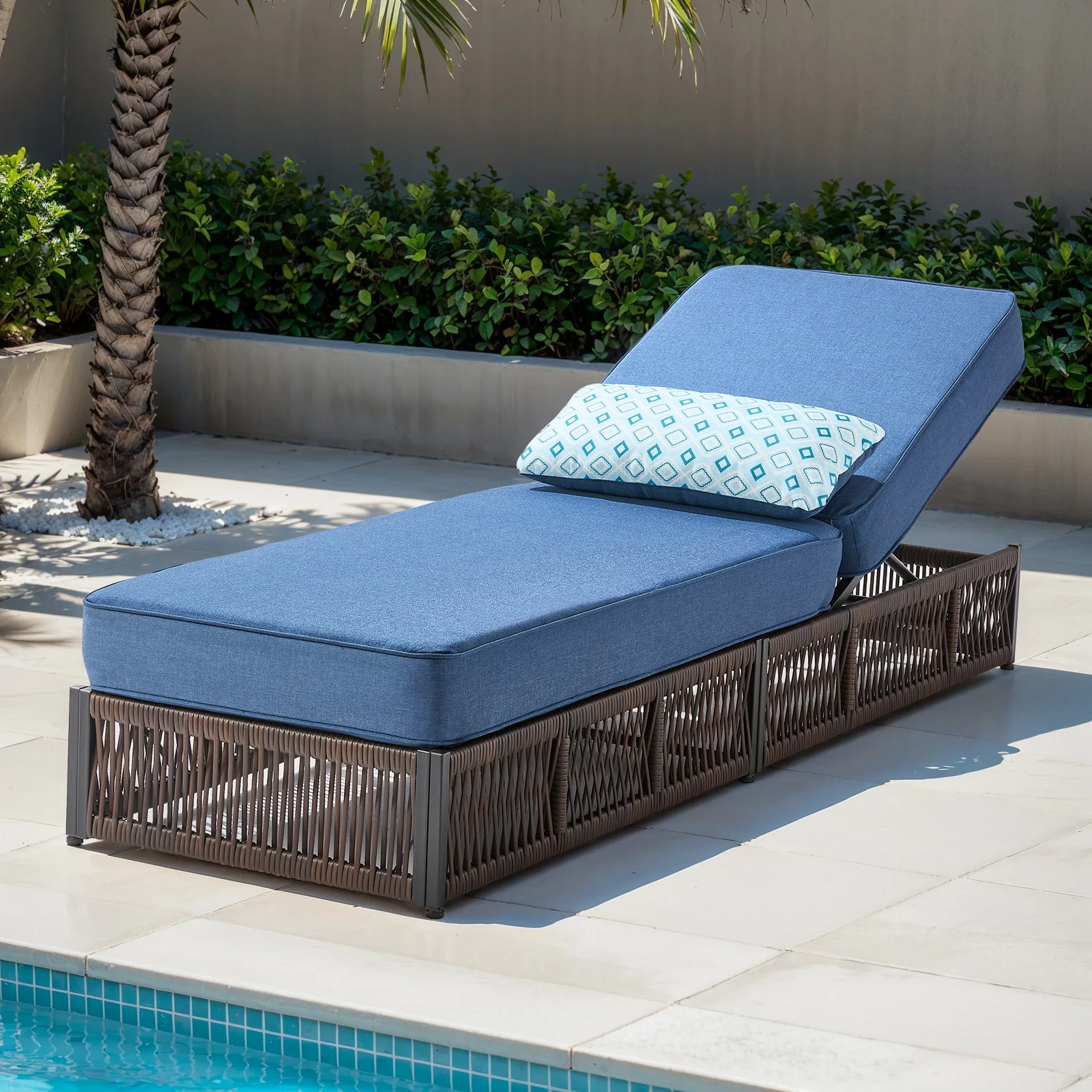 Luxury Outdoor Chaise Lounge with 5 Inch Thickened Cushions, NTC Series - Brown Wicker / Blue Cushion — Patio & Outdoor Furniture