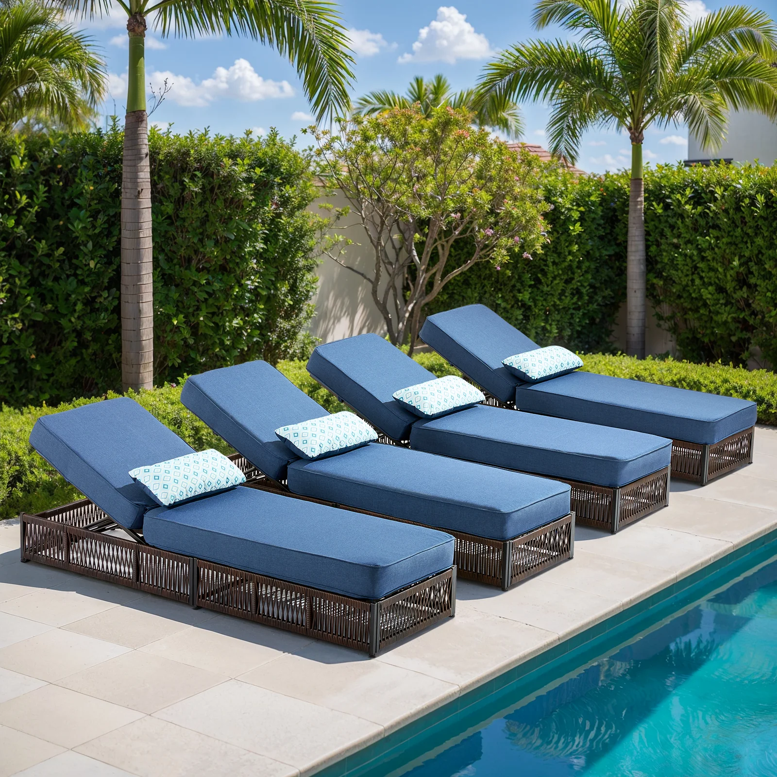 Ensemble de chaises longues en osier ajustables 4 pièces avec coussins