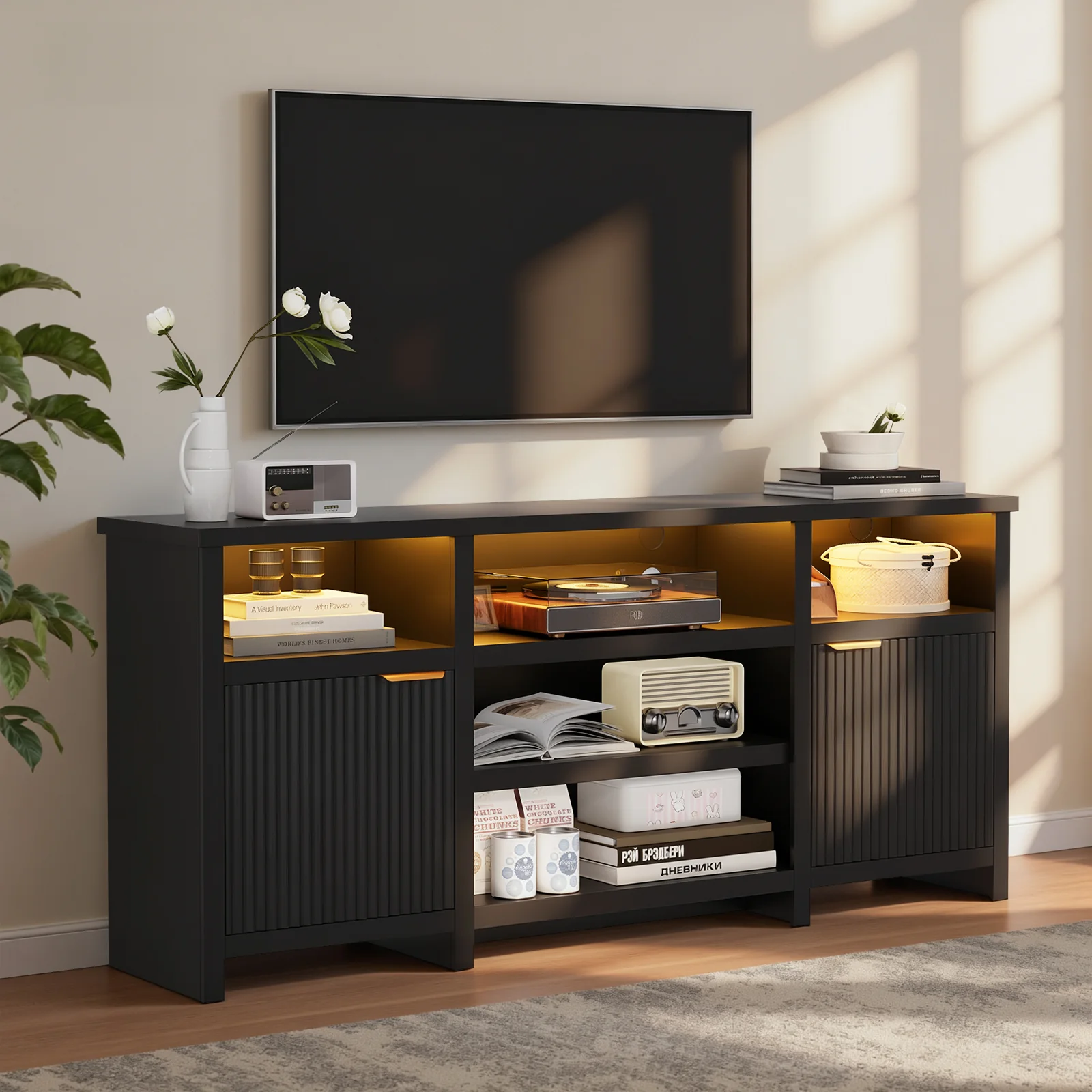 Farmhouse Modern TV Stand for 75 Inch TVs, Mid Century Style Media Console with LED Lights - Black