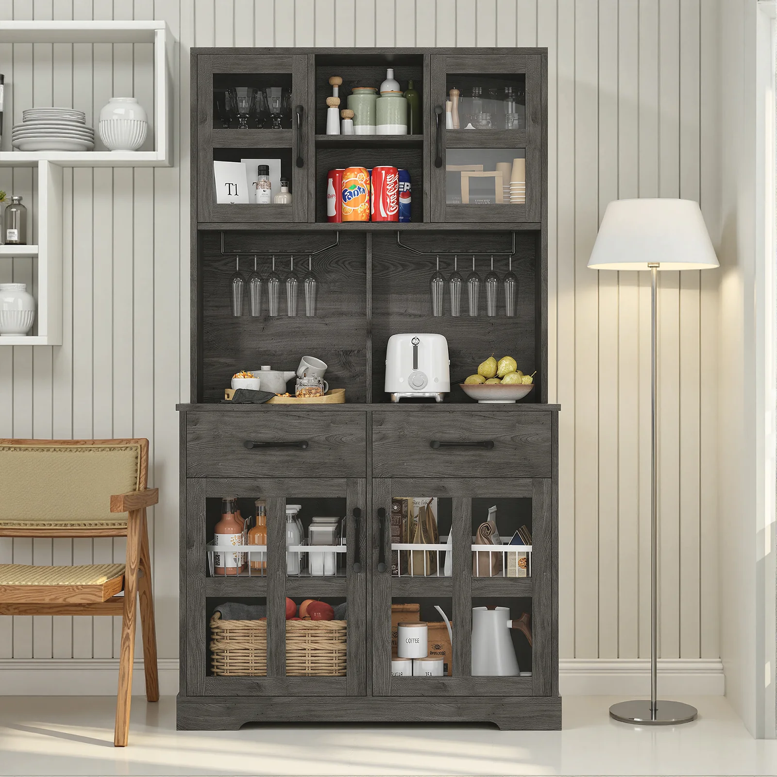 Modern Kitchen Pantry Cabinet with Power Outlet & Wine Glass Rack, Freestanding Hutch with Microwave Stand and - Grey Rustic Oak