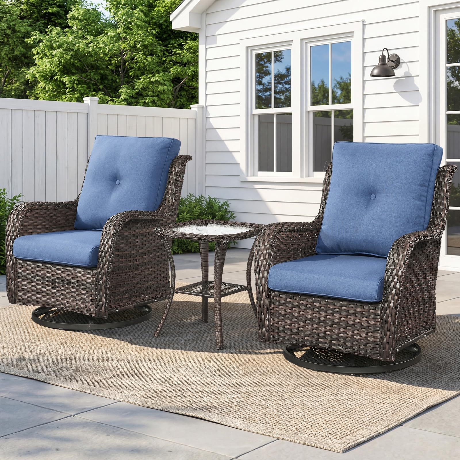 3-Piece Outdoor Wicker Swivel Glider Set – 2 Chairs & Side Table, NTC Series - Brown Wicker / Blue Cushion — Patio & Outdoor Furniture