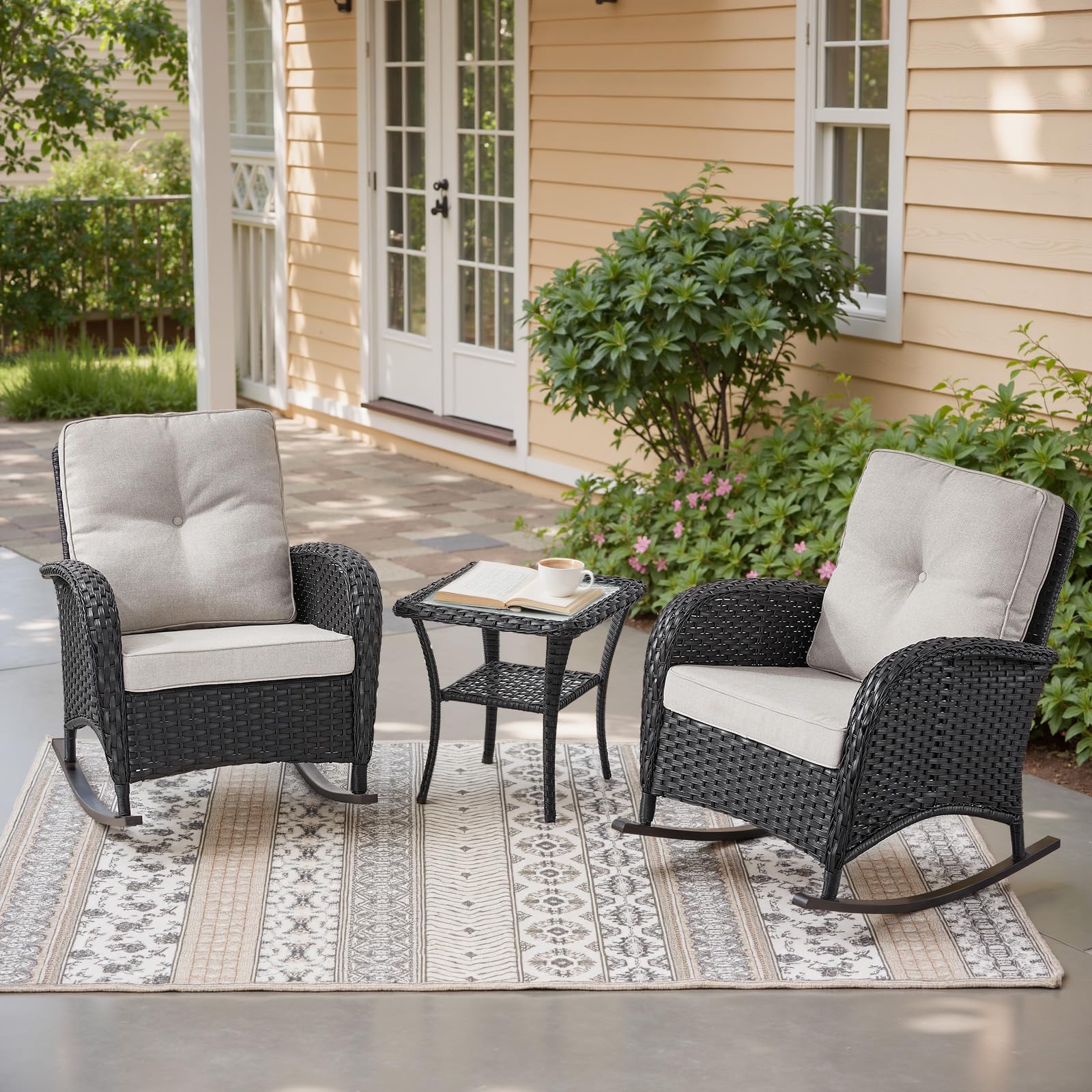 Wicker Rocking Chairs Set with Side Table, NDS Series - Black Wicker / Beige Cushion — Patio & Outdoor Furniture