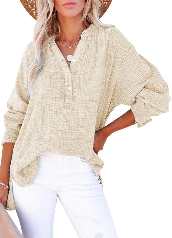 aofmzn Womens Casual V Neck Long Sleeve Oversized Blouse — Fashion Accessories