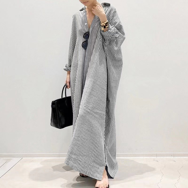 Robe Maxi en Lin Rayé – Robe Longue à Manches Longues Boutonnée — Robes pour femmes