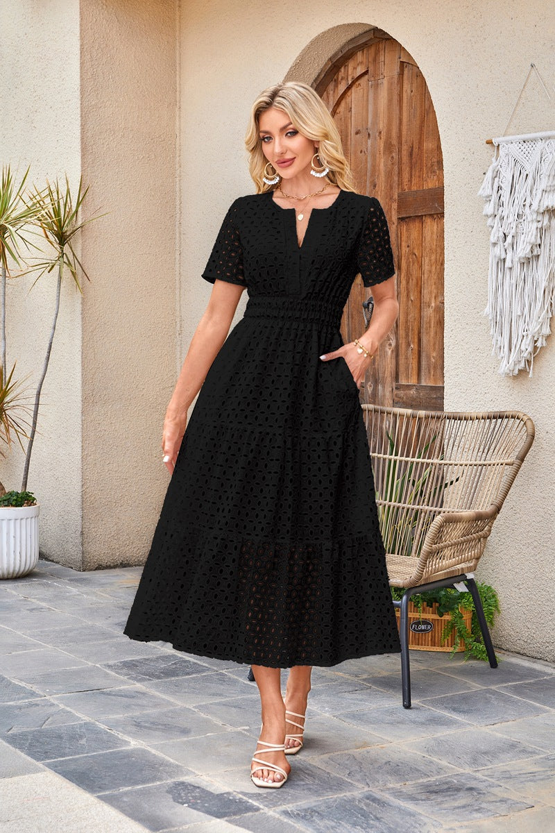 aofmzn Womens 2025 Summer Maxi Dress V Neck Short Sleeve A Line