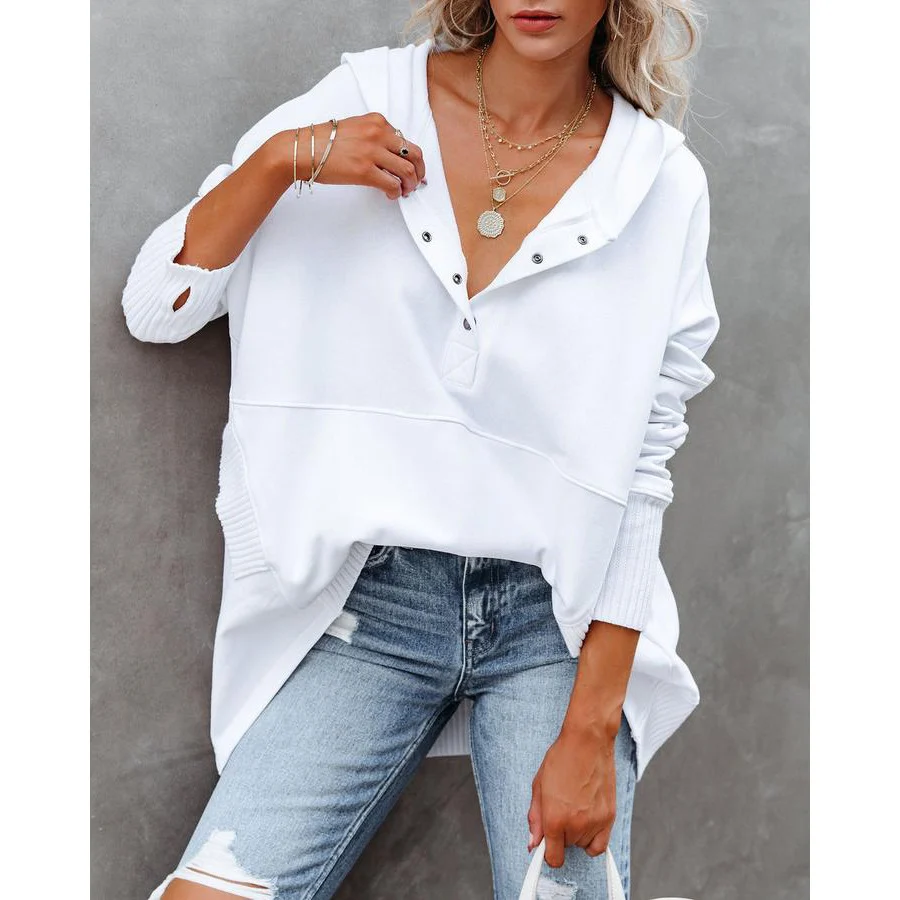 Hoodie en coton surdimensionné pour femmes avec col en V à boutons — Sweats à capuche pour hommes