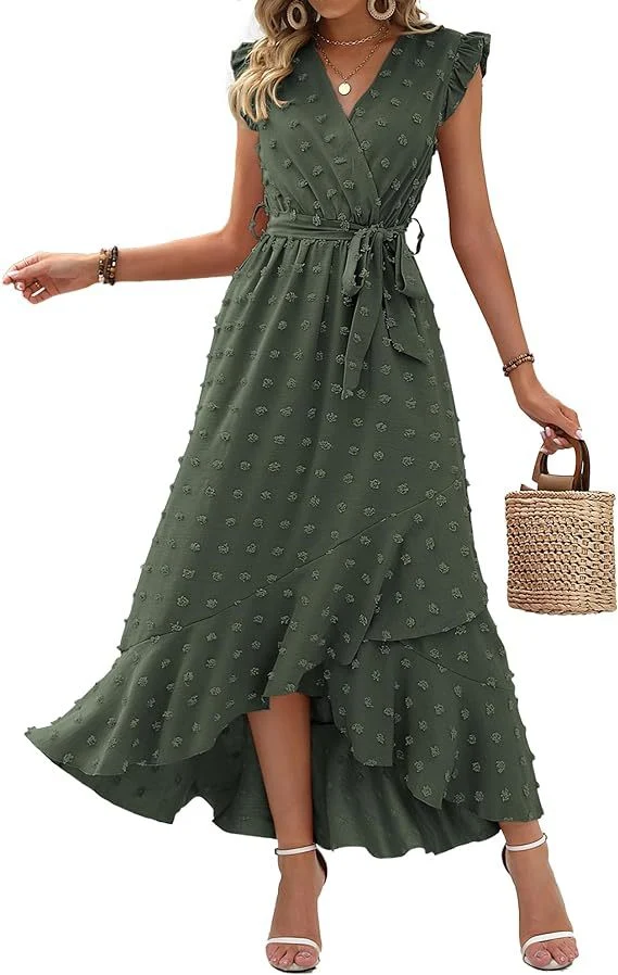 Women's V-Neck Summer Dress with Cap Sleeves and Ruffle Details — Womens Dresses