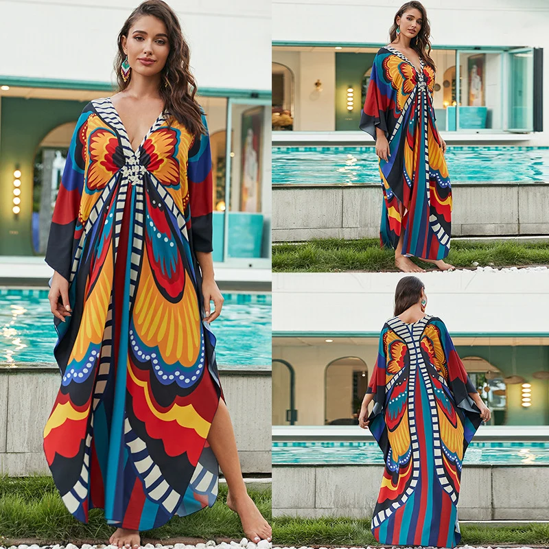 Plus Size Butterfly Print Ruched Split Hem Tunic Dress - ZS2274 — Womens Dresses