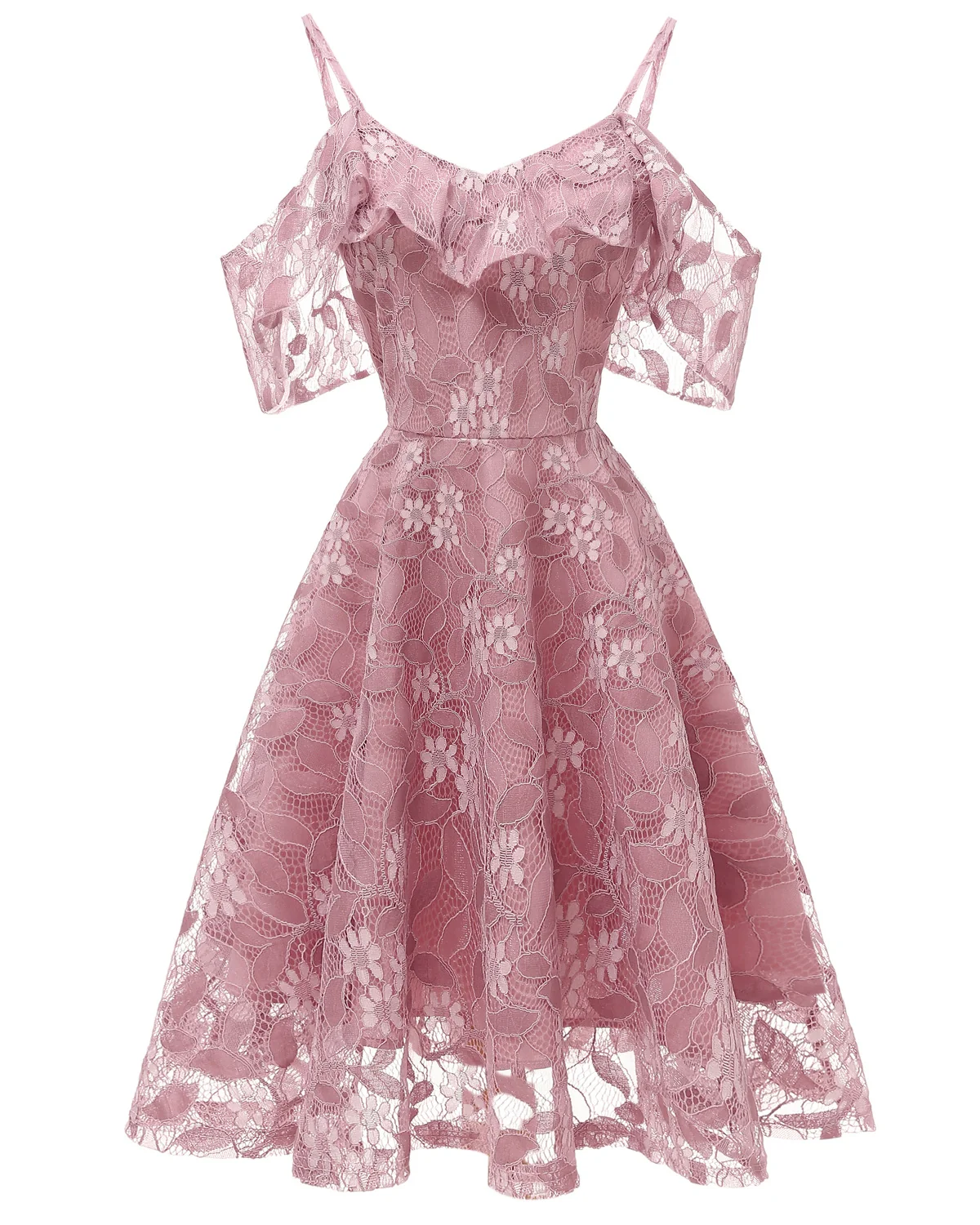 1950s Lace Cold Shoulder Ruffle Dress - Pink Tiered Dress for Women — Womens Dresses