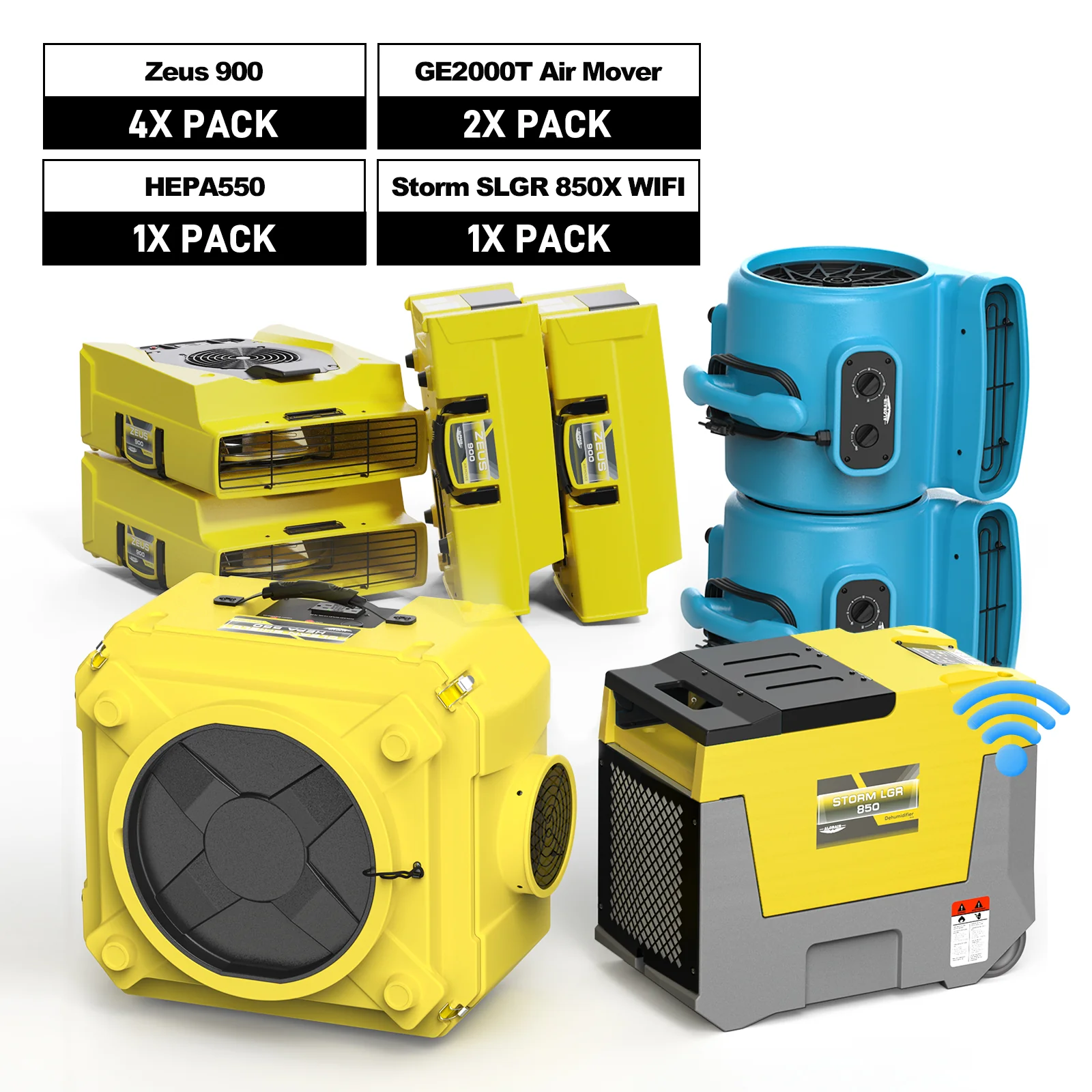 Alorair Combo Pack for Water Damage Restoration 1xStorm Slgr WIFi Commercial Dehumidifier and 1xHEPA 550 Air Scrubber, 4xZeus 900 - Yellow / Yellow