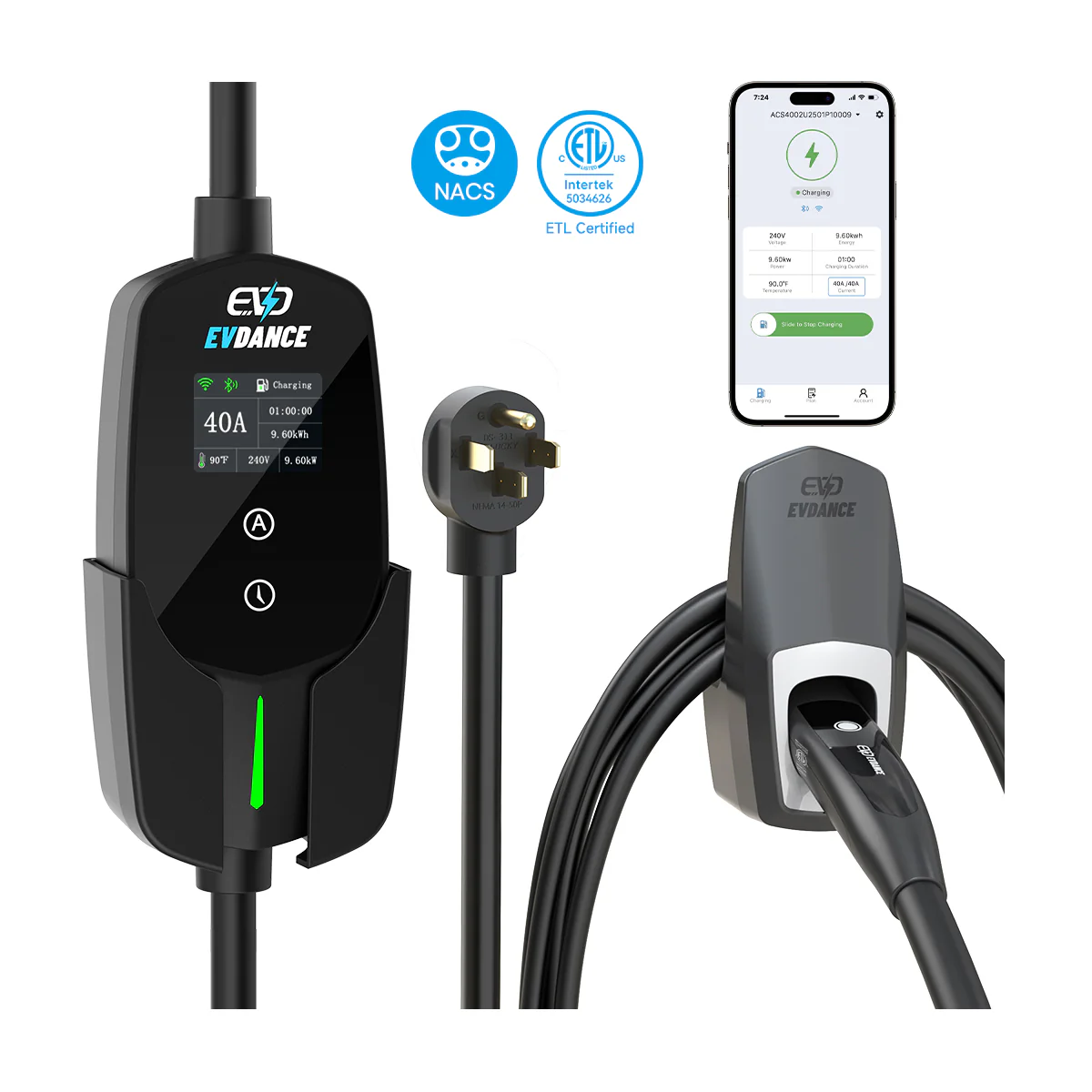 Chargeur Portable EVDANCE Flux Niveau 2 NEMA 14-50 40A avec WiFi — Chargeur de batterie