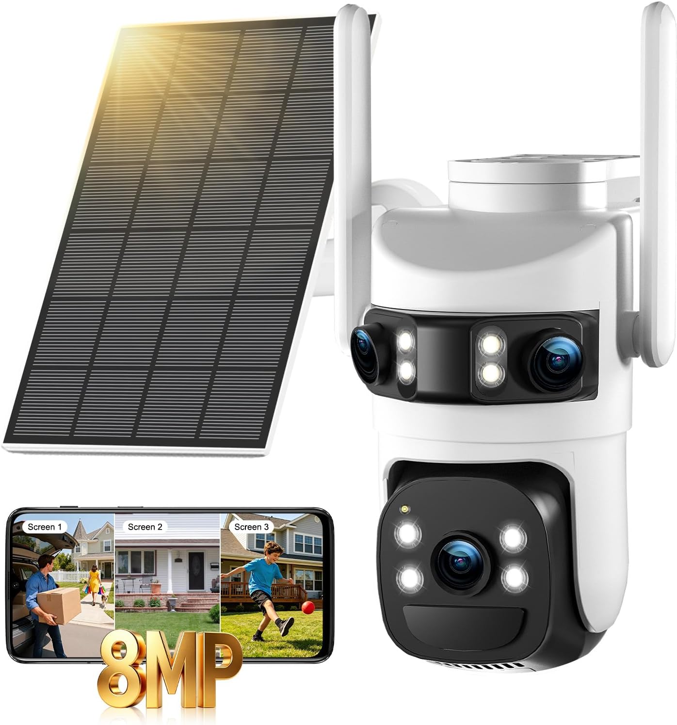 Caméra de surveillance solaire triple objectif 8MP 6K — Caméra de sécurité