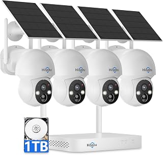 Caméra Solaire Hiseeu sans fil 4MP, ensemble 4 caméras