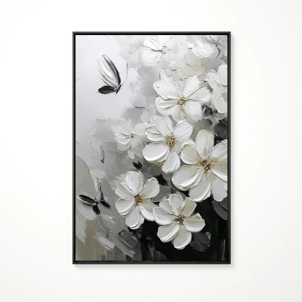 Dancing White Butterflies Among the Blossoms Handcrafted Painting Wall Decor - Black Frame / 24"x 20"/ 61 x 51 CM — Wall Decor
