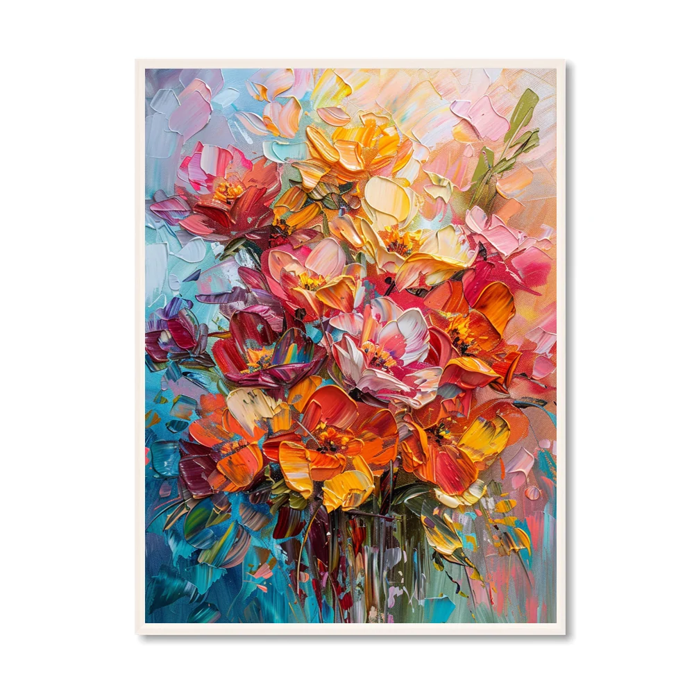 Morning Blossoms Peinture Texturée Florale Impressionniste - Cadre Noir — Décoration murale