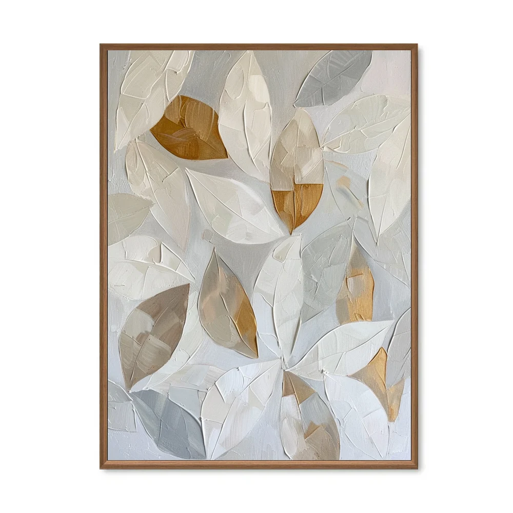 Silent Forms – Hand-Painted Textured Leaf Canvas Wall Art in Soft Neutrals and Gold - Black Frame / 24"x 20"/ 61 x 51 CM