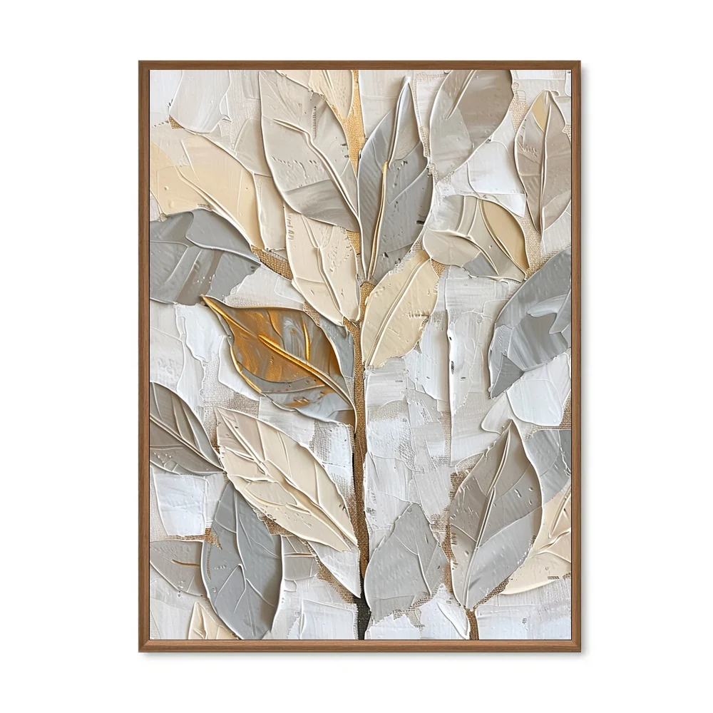 Balance of Growth – Hand-Painted Textured Leaf Canvas Wall Art in Soft Neutrals and Gold - Black Frame / 24"x 20"/ 61 x 51 CM — Wall Decor