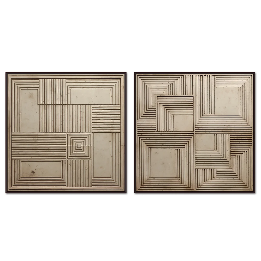 Geometric Harmony – Modern Abstract Line Texture Painting, Handmade Oil Wall Art (Set of 2) - Black Frame / 2P Each 24''x 24''/ 61x 61 CM