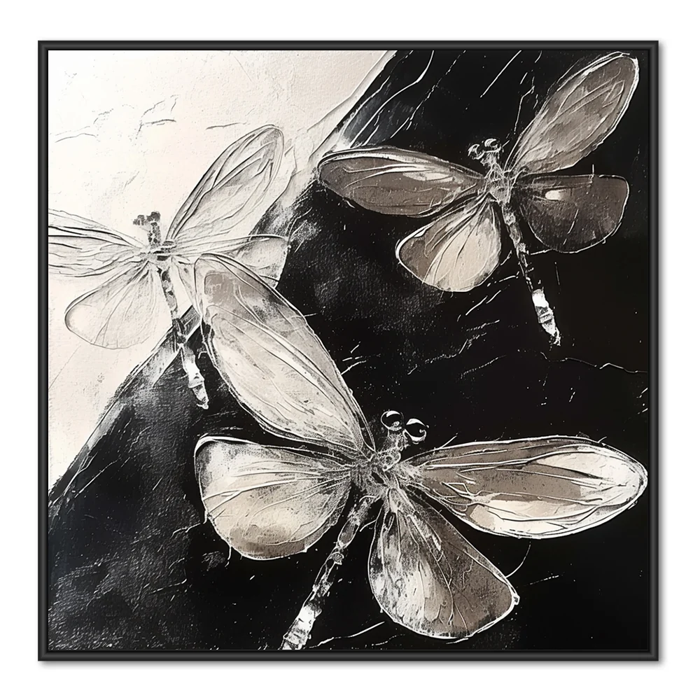 Dance of Shadows – Modern Minimalist Insect Theme Handmade Oil Painting Wall Art - Black Frame / 24''x 24''/ 61x 61 CM