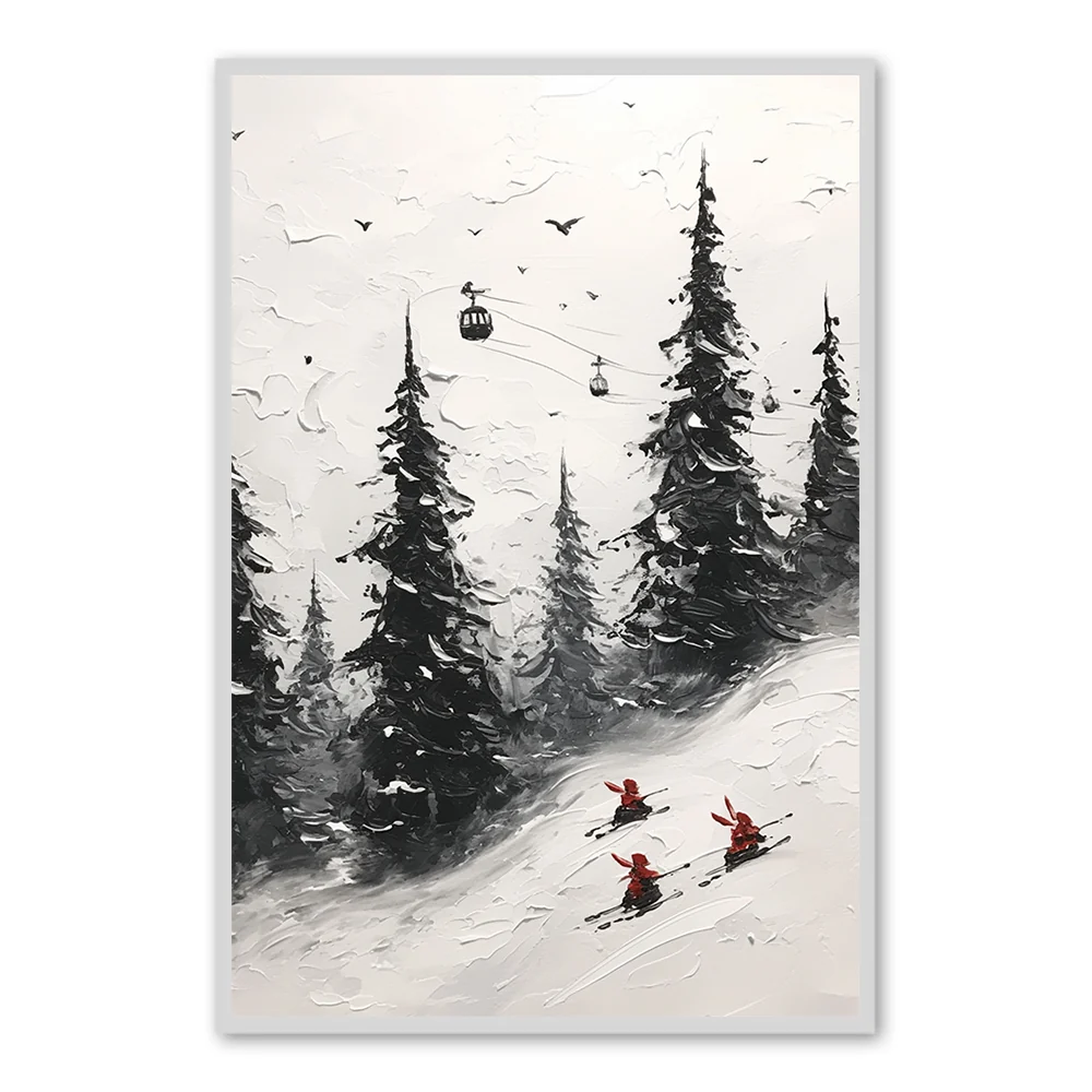 Peinture à l'huile faite main sur le thème du ski d'hiver — Décoration murale