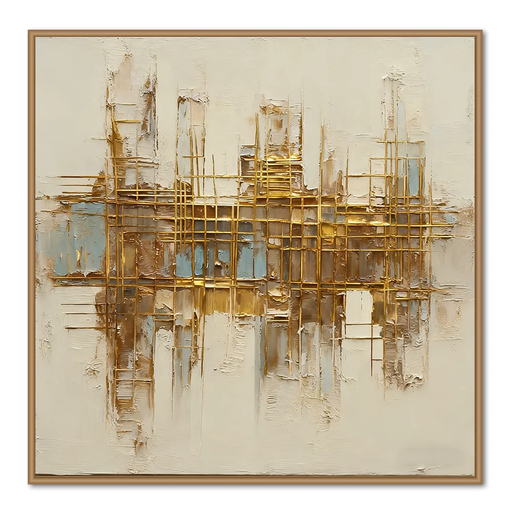 Golden Grid Structure Theme Painting - Modern Abstract Wall Art — Wall Decor