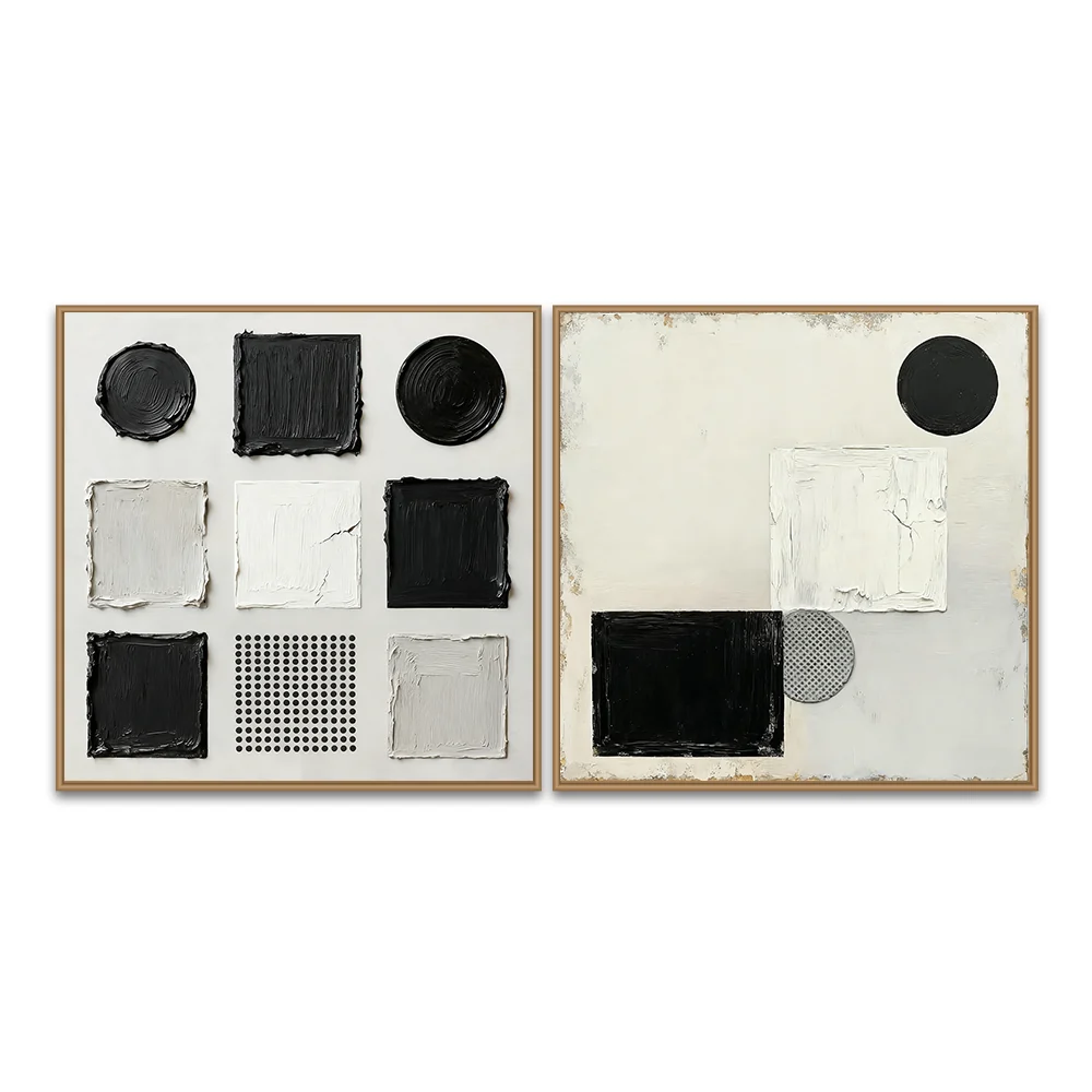 Peinture Thématique de Formes Géométriques Noires et Blanches – Art Mural Abstrait Moderne — Décoration murale
