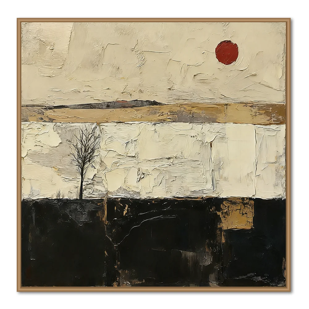 Peinture de paysage Arbre solitaire & Soleil rouge - Art mural abstrait moderne — Décoration murale