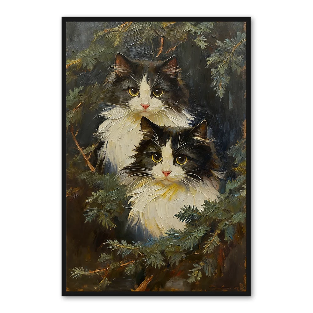 Deux Chats dans la Forêt – Peinture à l'Huile Réaliste – Art Mural Animalier — Décoration murale