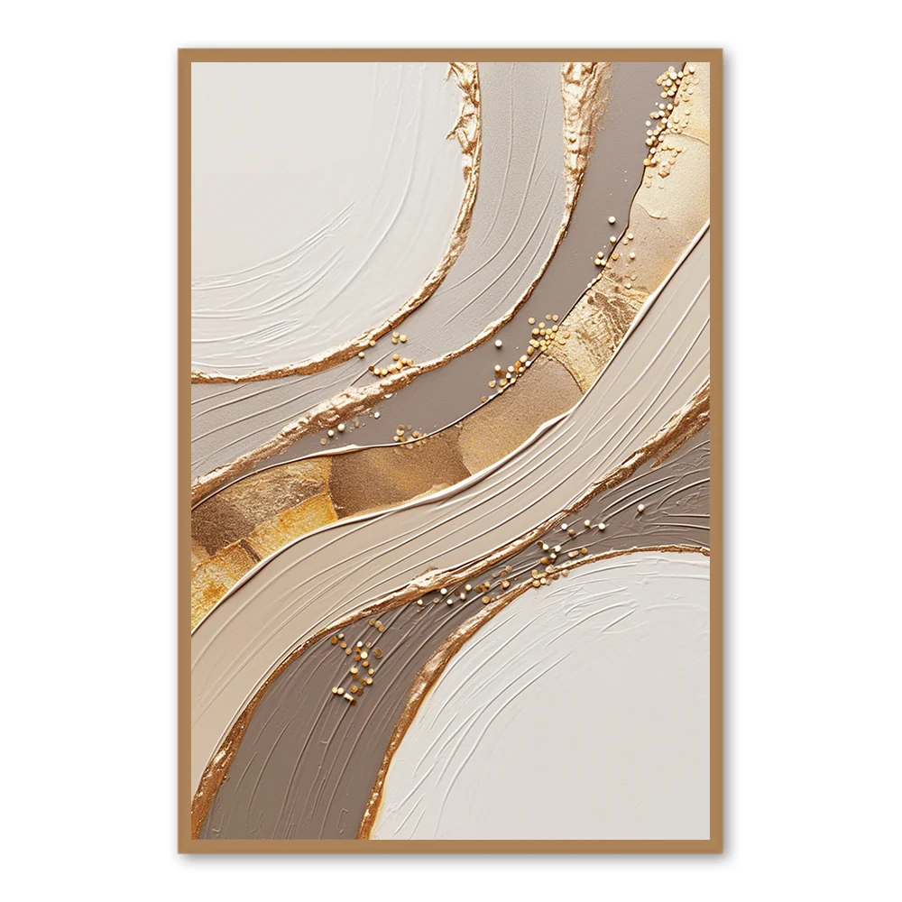 Golden Flow Abstract Modern Palette Knife Painting with Gold Details — Wall Decor