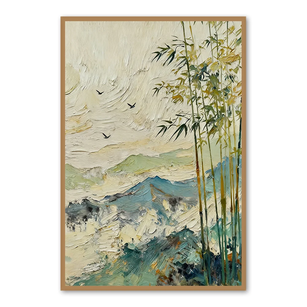 Bosquet de Bambou dans les Montagnes Brumeuses – Art Mural Peinture À L'Huile Abstraite — Décoration murale