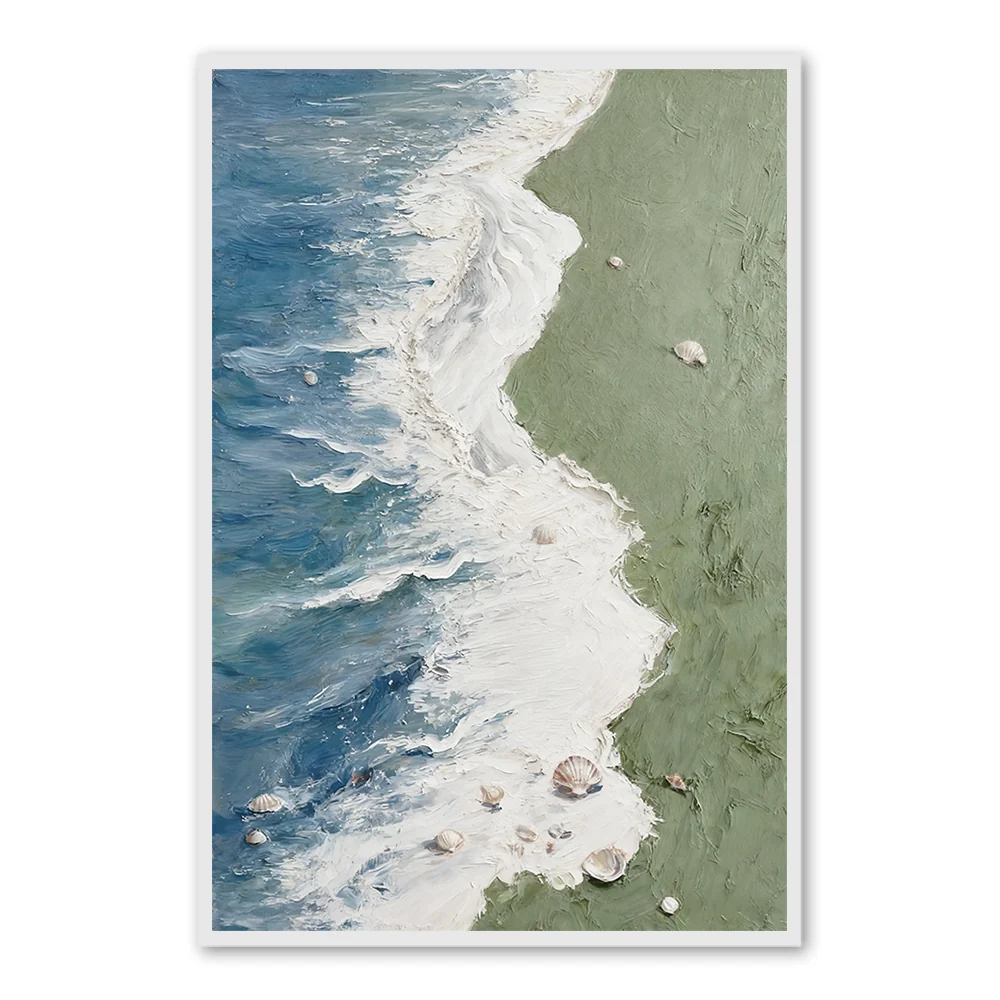 Coastal Waves & Shells Texture Art - Handmade Oil Painting Wall Art — Wall Decor