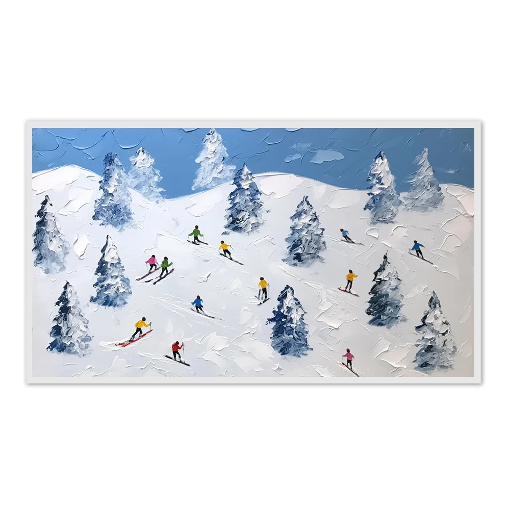 Aventure de Ski d'Hiver – Peinture à l'Huile Artisanale — Décoration murale