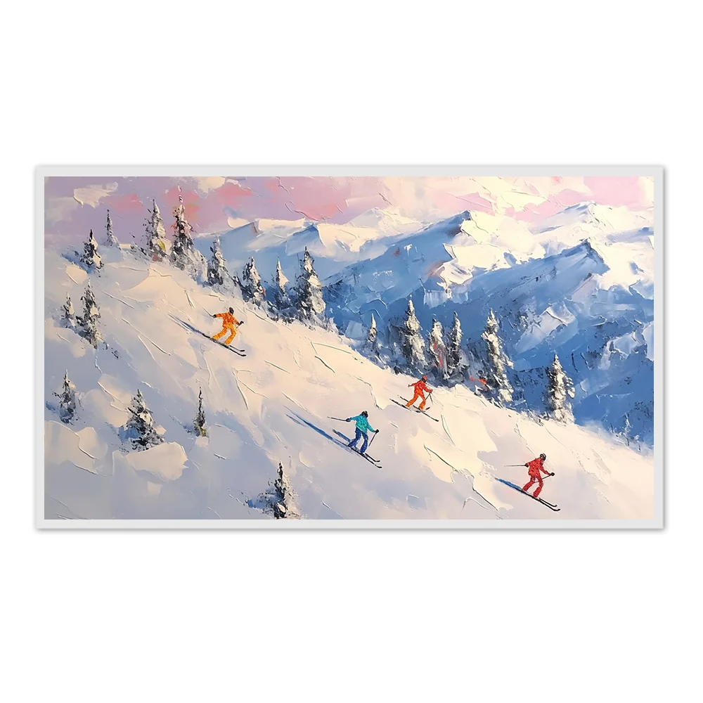 Évasion de ski au coucher de soleil alpin – Peinture à l'huile faite à la main — Décoration murale