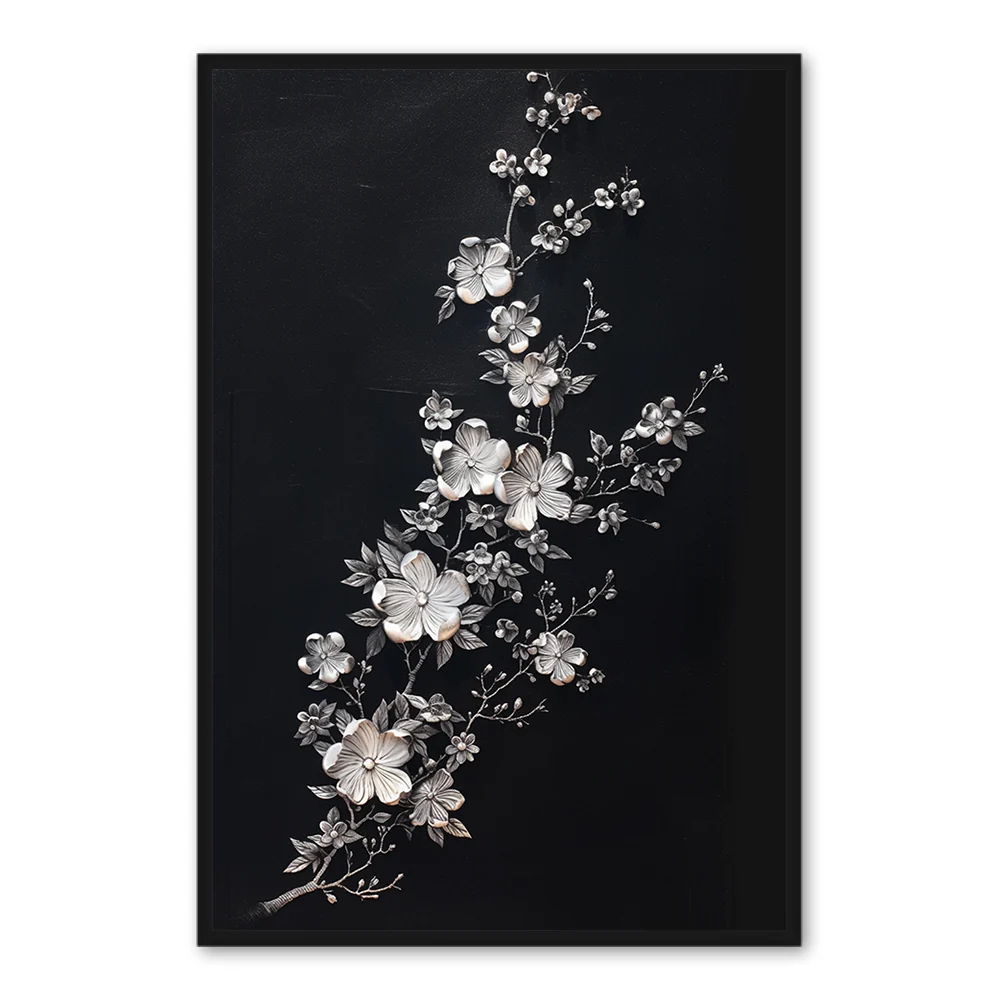 Silver Blossom Elegance – Modern Minimal Relief Style Handmade Oil Painting Wall Art - Black Frame / 20"x 24"/ 51 x 61 CM — Wall Decor