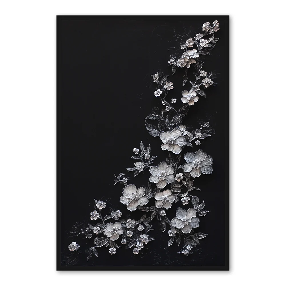 Silver Floral Cascade – Modern Minimal Relief Style Handmade Oil Painting Wall Art - Black Frame / 20"x 24"/ 51 x 61 CM — Wall Decor