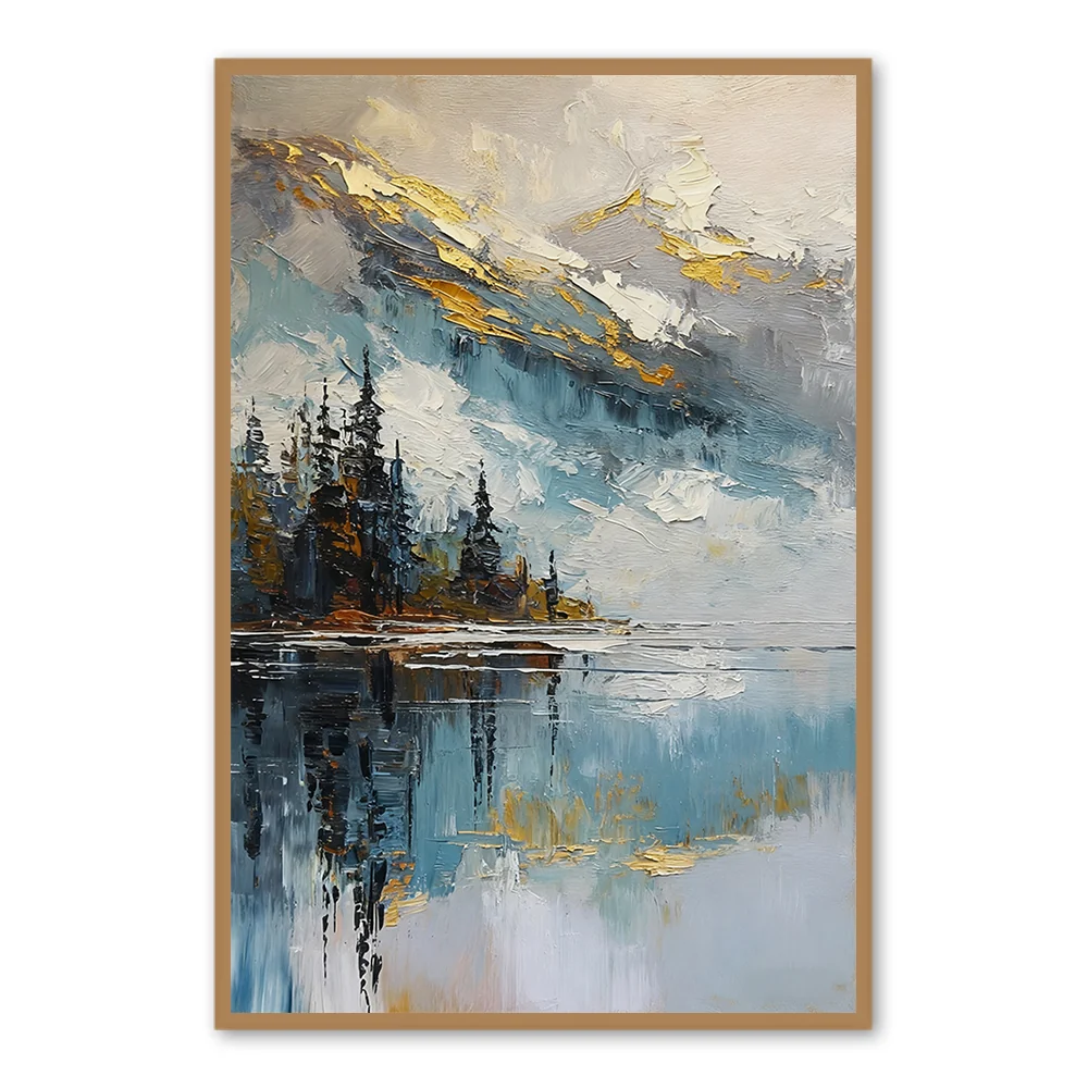 Golden Peak Lake Reflections – Impressionist Textured Hand-Painted Oil Wall Art - Black Frame / 20"x 24"/ 51 x 61 CM — Wall Decor