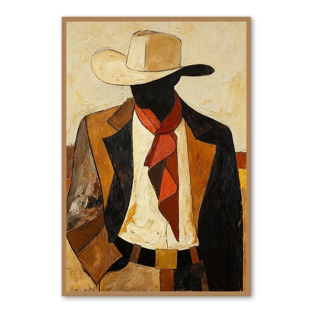 Silhouette de Cowboy Occidental – Peinture Murale Abstraite Artisanale — Décoration murale