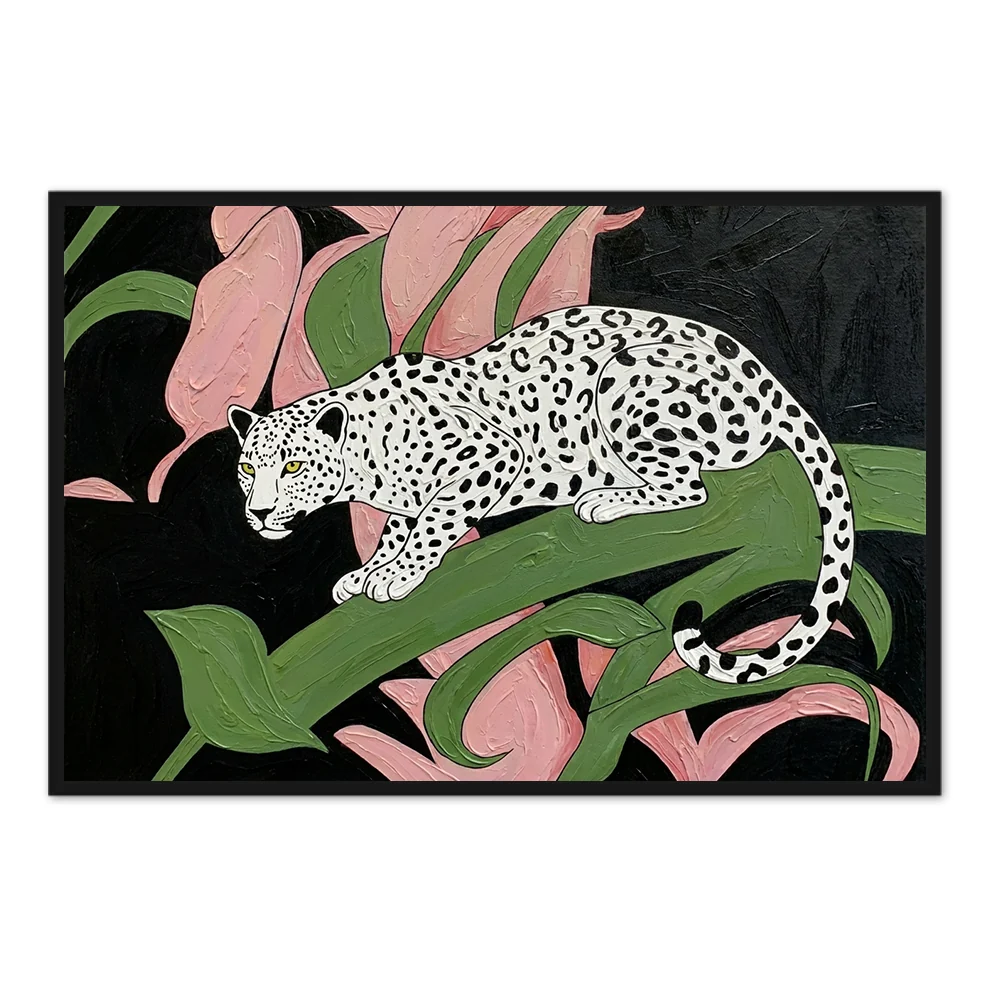 Leopard in Bloom – Modern Figurative Style Handmade Painting Wall Art - Black Frame / 48''x 24''/ 122 x 61 CM — Wall Decor