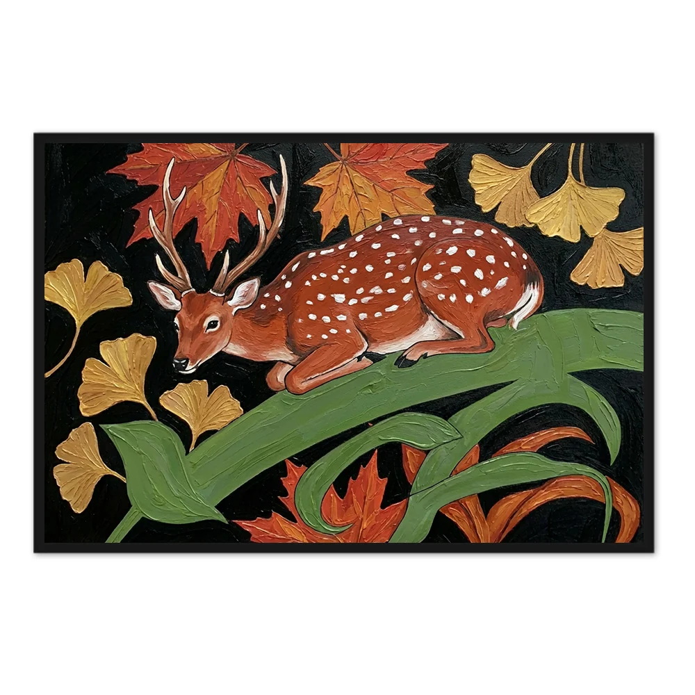 Panneau d'art Cerf & Feuilles d'Automne - Style Art Populaire - Cadre Noir — Décoration murale