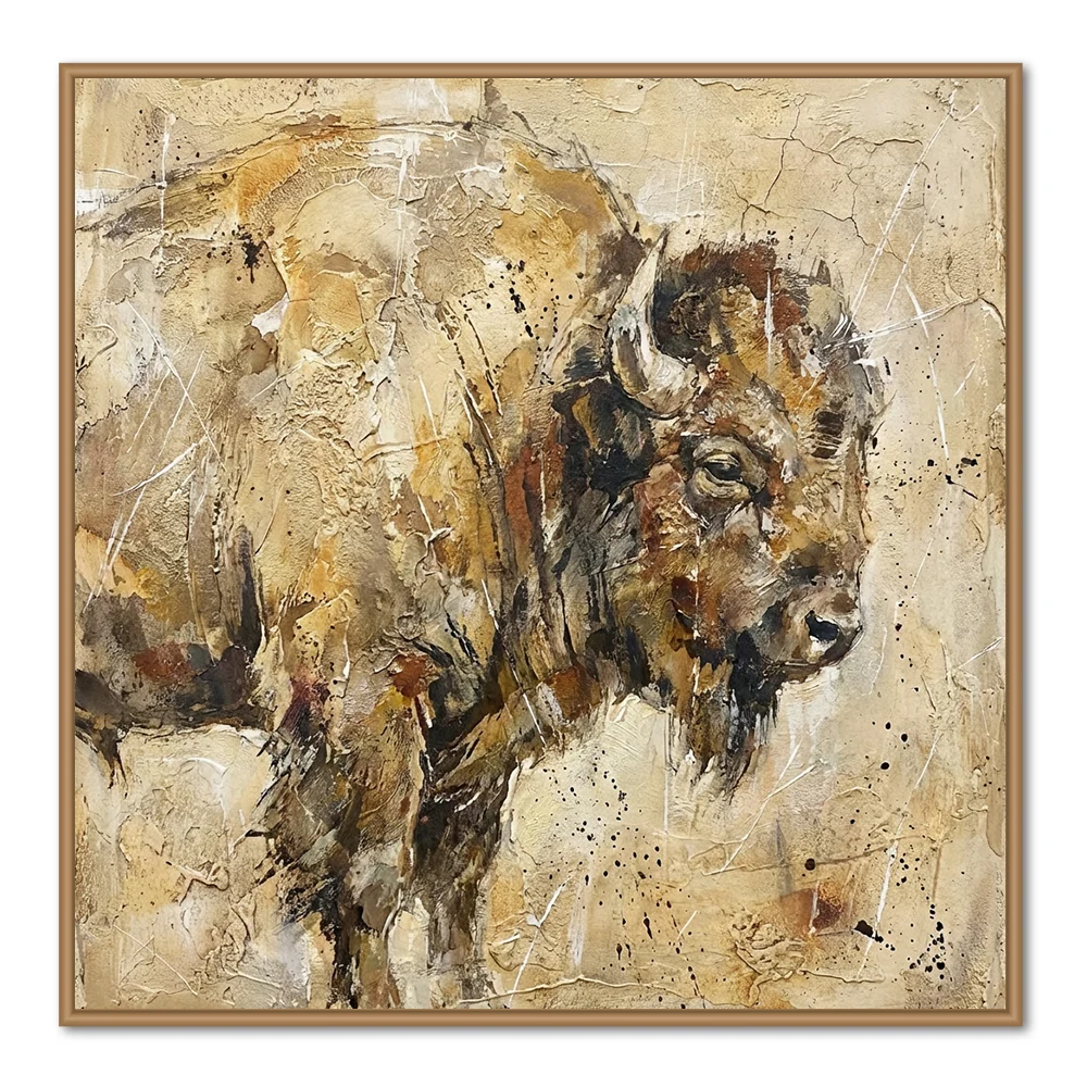 Bison Wildlife Art Painting – Textured Expressionist Style – Earthy Brown Tones – Abstract Brush & - Black Frame / 24''x 24''/ 61x 61 CM — Wall Decor