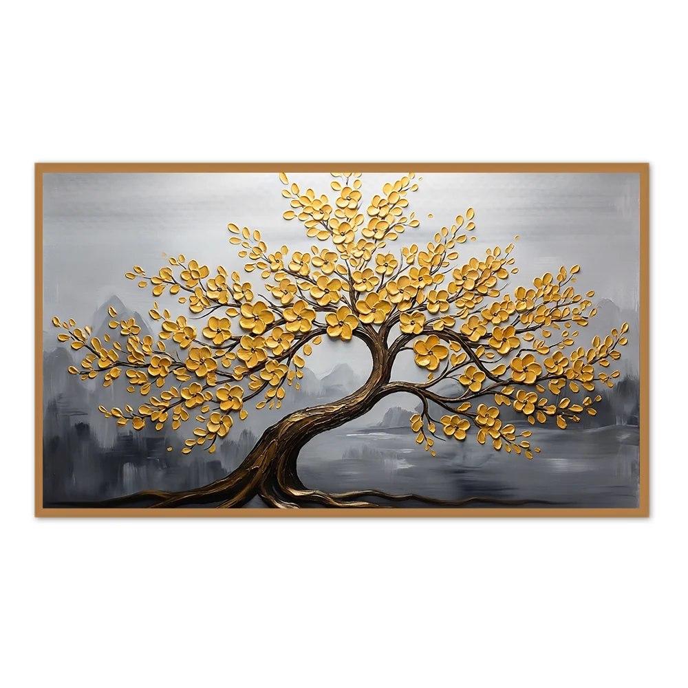Peinture Arbre à Fleurs Dorées - Art Mural Fait Main avec Cadre Noir
