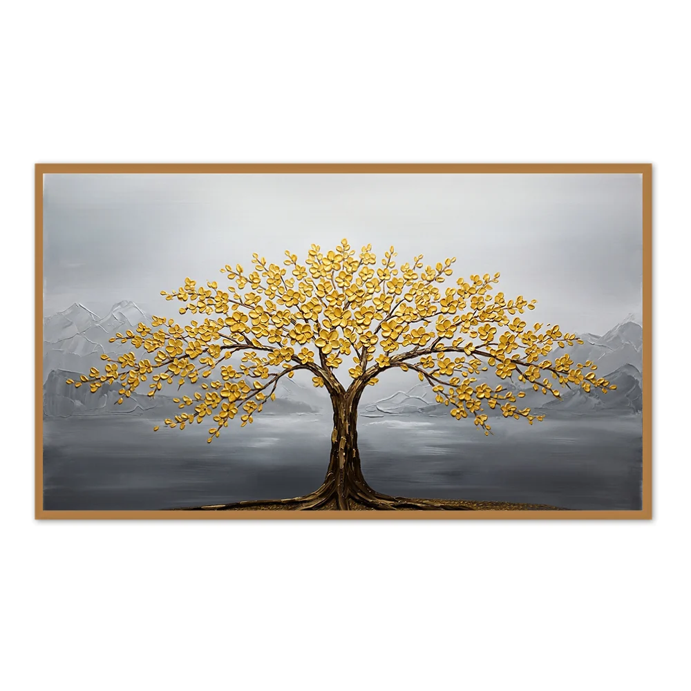 Golden Blossom Tree Painting – Modern Textured Art Style Handcrafted wall art - Black Frame / 24"x 20"/ 61 x 51 CM — Wall Decor