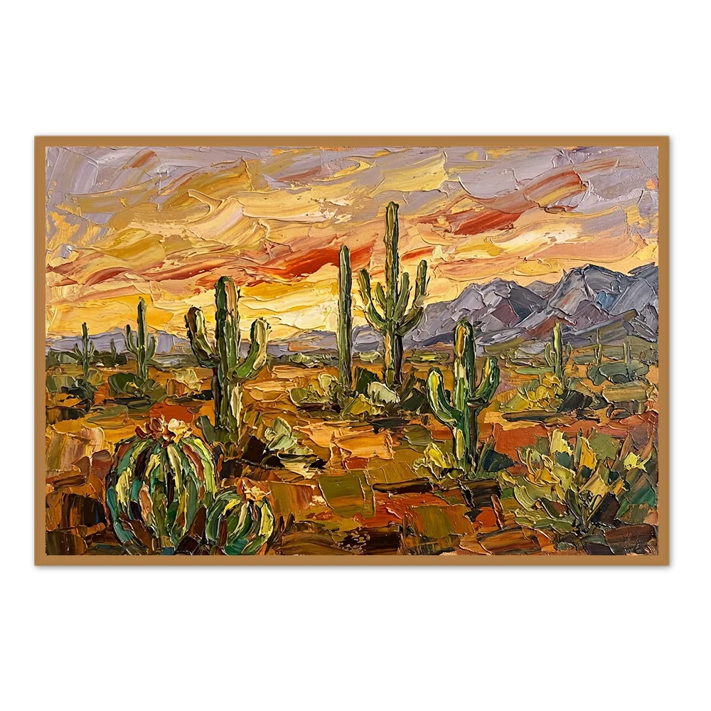 Peinture de paysage Cactus du désert au coucher de soleil - Style impressionniste — Décoration murale