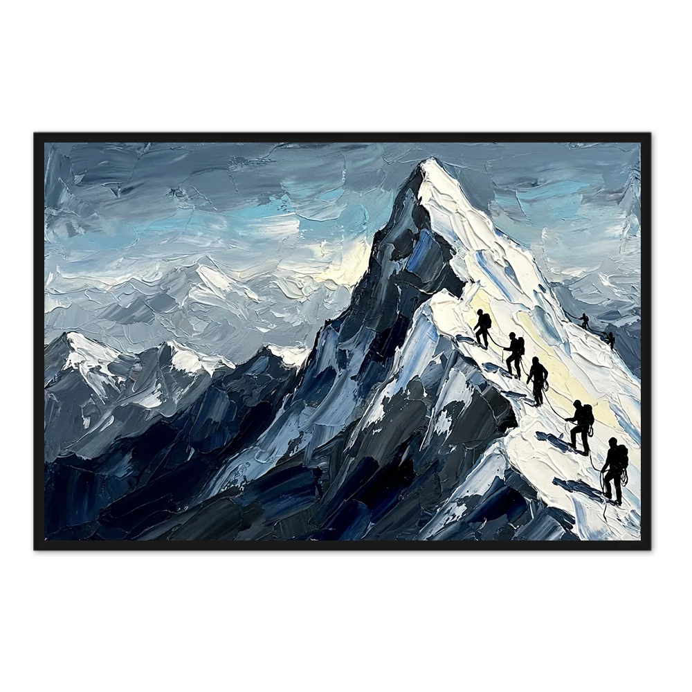 Climbers of the Peak – Impressionist Alpine Adventure Oil-Style Artwork Handcrafted Painting - Black Frame / 24"x 20"/ 61 x 51 CM — Wall Decor