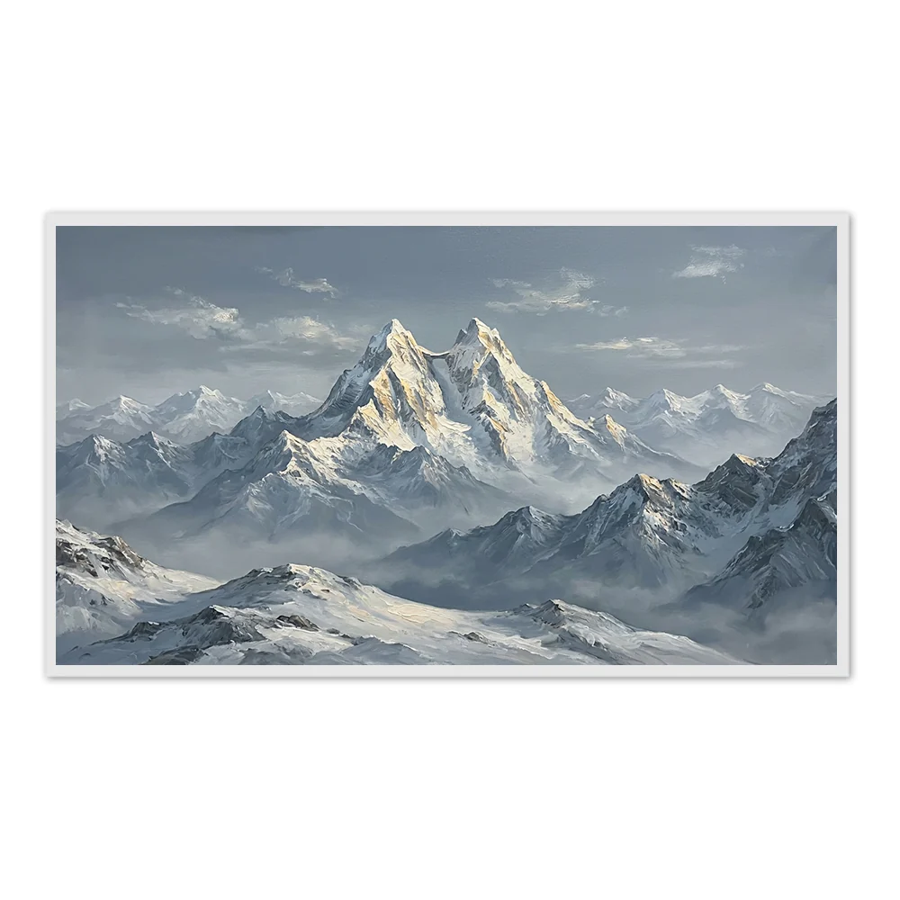 Majesté des sommets enneigés – Paysage alpin réaliste, œuvre d'art à l'huile, peinture artisanale – Cadre noir / 24"x 20"/ 61 x 51 CM