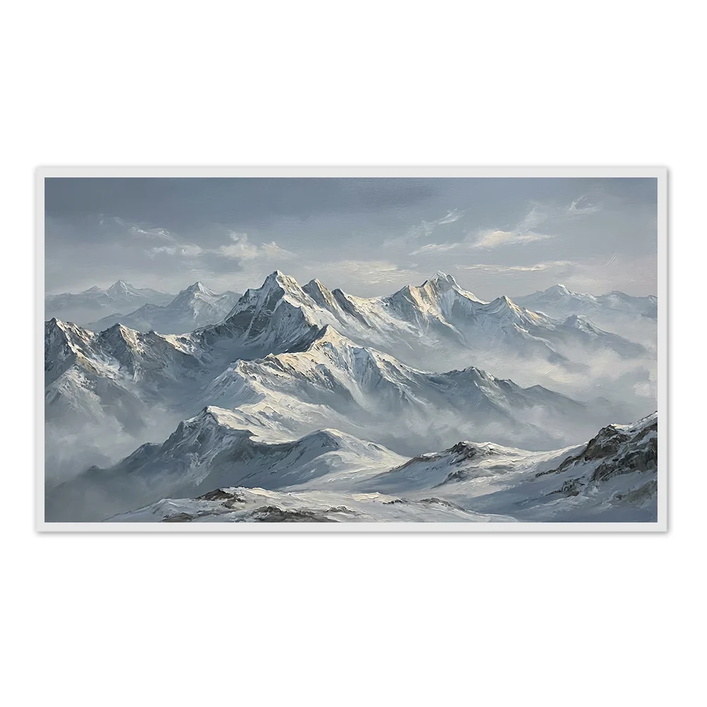 Échos de la chaîne blanche – Paysage réaliste de montagne enneigée, tableau artisanal de style peinture à l’huile – Cadre noir / 24"x 20"/ 61 x 51 CM — Décorati