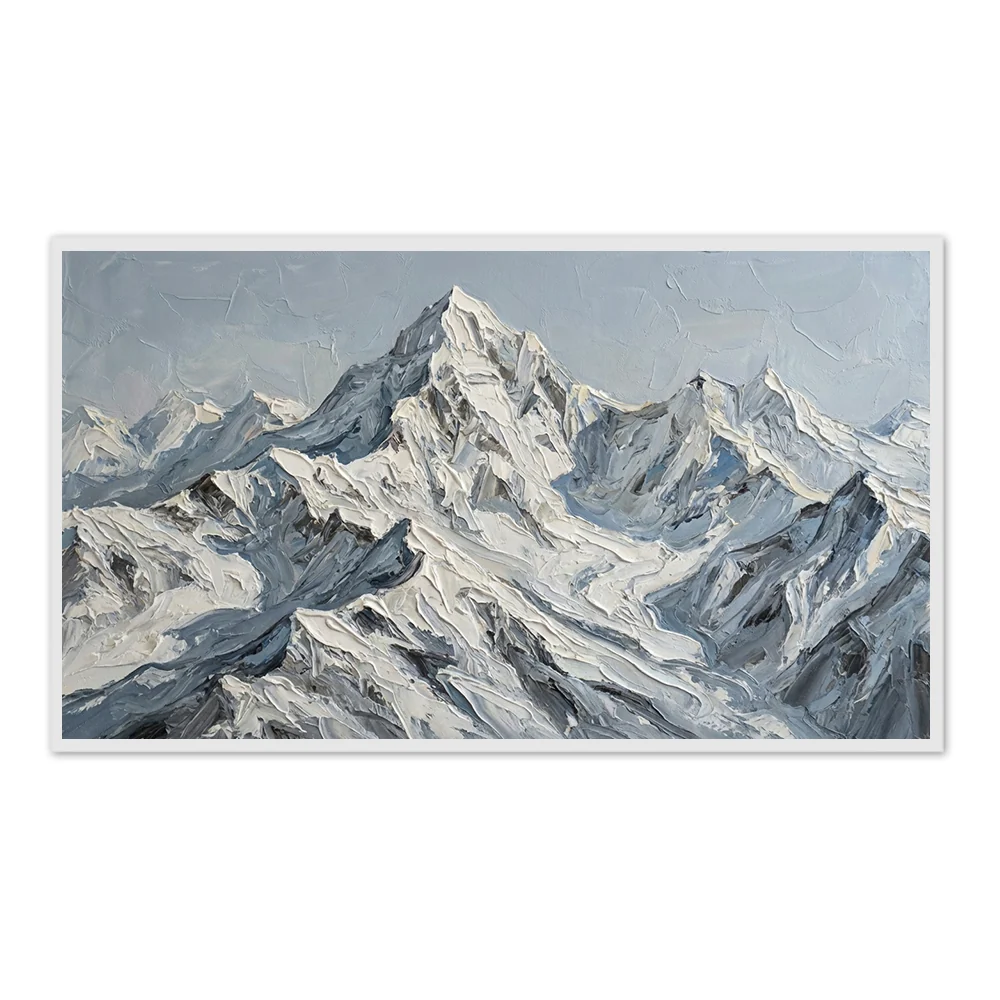 Crest of the Silent Range – Impressionniste Snow Mountain Oeuvre de style à l'huile Peinture artisanale - Cadre noir / 24"x 20"/ 61 x 51 CM