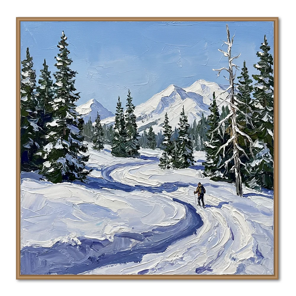Tracks in the Winter Blue – Œuvre d'art impressionniste faite à la main — Décoration murale