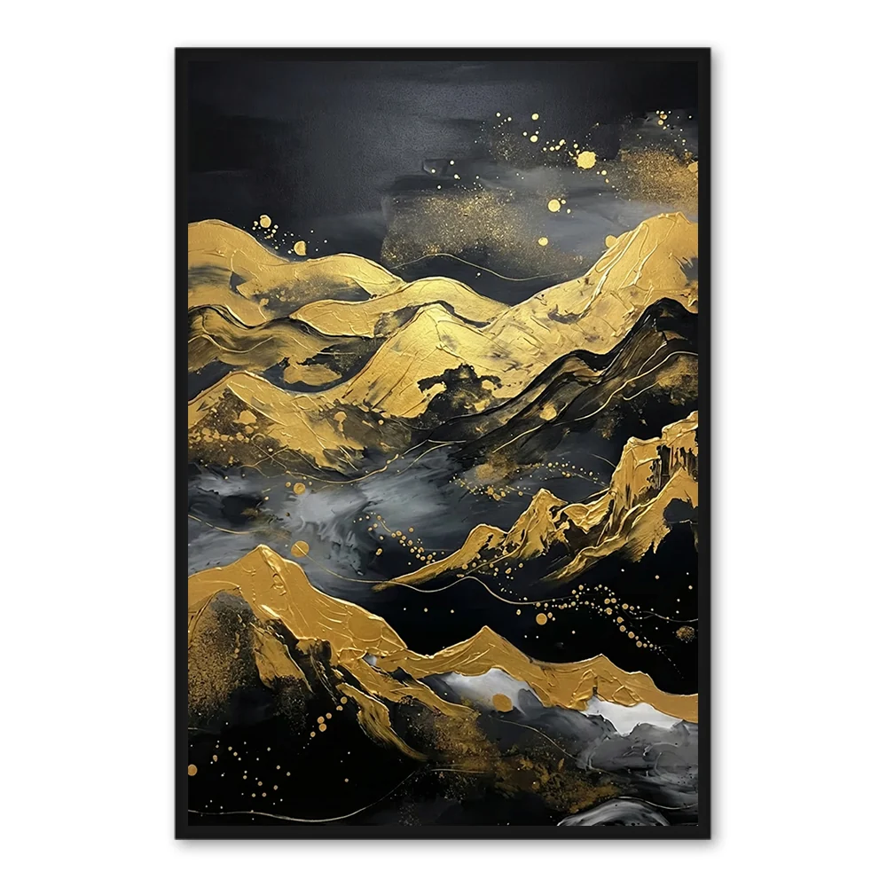 Golden Night Peaks – Abstract Metallic Landscape Oil-Style Artwork Handcrafted Painting - Black Frame / 20"x 24"/ 51 x 61 CM